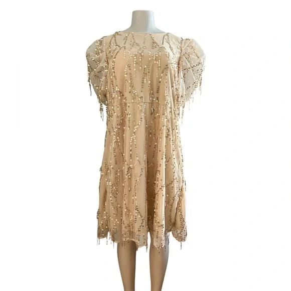 Elegant Beige Gold Tassel Sequin Short Sleeve Dress Plus Size 18 3X - Picture 2 of 9